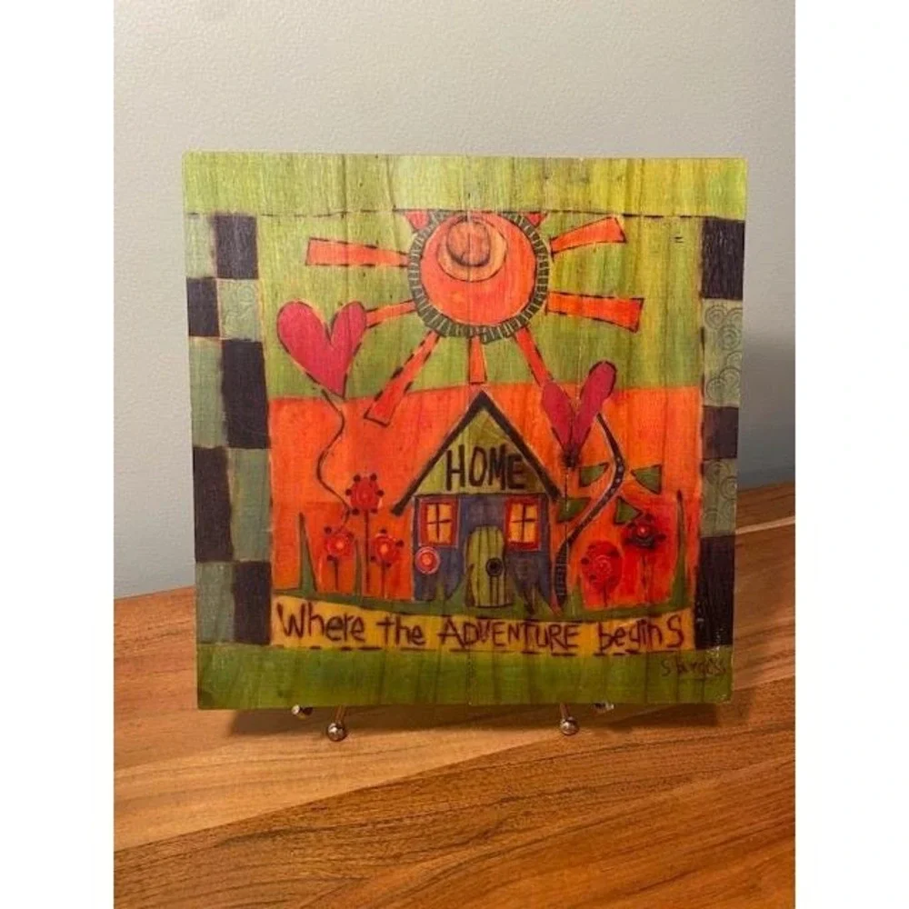 S Burgess Hand Painted Wood Wall Plaque Home Where the Adventure Begins Folk Art